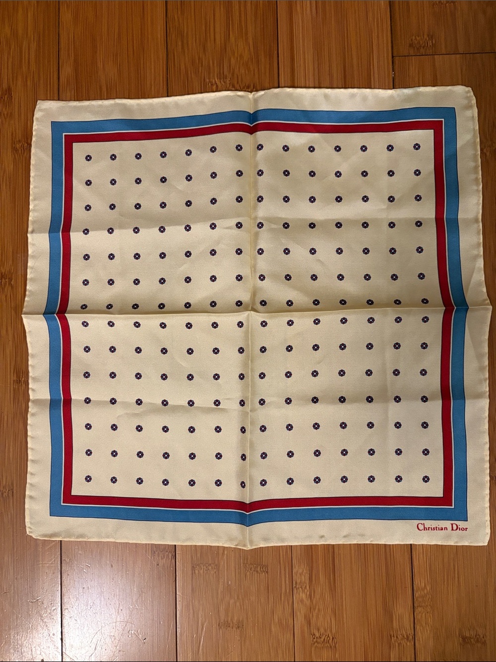 Dior Vintage Cream Silk Pocket Square with Blue and Red Border 15” X 15”